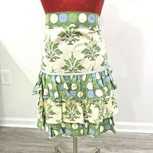 Cotton half apron cream green & blue ruffles